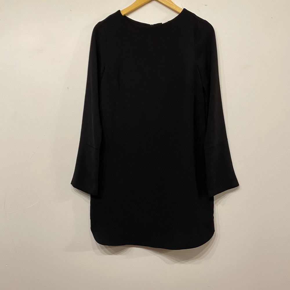 H&M Women Black Long Sleeve Shift Mini Dress Size 6 Bell Sleeve Round Neck LBD